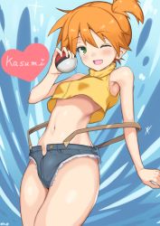 Rule 34 | 1girl, bad id, bad pixiv id, bare shoulders, blue background, blue shorts, blush, breasts, character name, cowboy shot, creatures (company), crop top, denim, female focus, game freak, green eyes, hand up, heart, heart-shaped pupils, holding, holding poke ball, kanno (user tgnd4488), looking at viewer, micro shorts, midriff, misty (pokemon), navel, nintendo, one eye closed, open fly, open mouth, orange hair, poke ball, poke ball (basic), pokemon, pokemon (anime), pokemon (classic anime), shirt, short shorts, shorts, side ponytail, signature, simple background, sleeveless, sleeveless shirt, small breasts, smile, solo, splashing, standing, stomach, strap slip, suspenders, suspenders slip, symbol-shaped pupils, text focus, thighs, turtleneck, unbuttoned, wink, yellow shirt