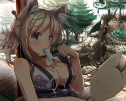 Rule 34 | 10s, 1girl, animal ears, blonde hair, blush, breasts, dog days, fang, female focus, food, fox ears, fox tail, green eyes, highres, ice cream, japanese clothes, large breasts, ponytail, popsicle, re:n ne, solo, sweat, tail, yukikaze panettone