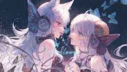 Rule 34 | 2girls, absurdres, ahoge, animal ear fluff, animal ears, bare shoulders, black bow, blue eyes, bow, bug, butterfly, cat ears, collarbone, commentary request, hair between eyes, hair ornament, highres, holding hands, horns, insect, interlocked fingers, lipstick, long hair, looking at another, maccha (mochancc), magnet (vocaloid), makeup, microphone, multiple girls, nail polish, open mouth, original, red eyes, red nails, sheep horns, standing, strap slip, upper body, vocaloid, white hair, yuri