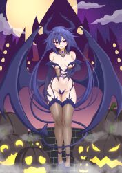 Rule 34 | 1girl, absurdres, alternate costume, ankokuboshi kurome, annoyed, bare shoulders, black gloves, black wings, blue gloves, blue wings, blush, braid, breasts, castle, commission, crimsle, demon girl, demon horns, demon tail, demon wings, detached collar, elbow gloves, embarrassed, full body, full moon, garter straps, gloves, groin, hair between eyes, halloween, halloween costume, hand on own hip, hand on own stomach, hand up, highres, hip focus, horns, legs, legs together, long hair, looking at viewer, medium breasts, moon, navel, neptune (series), night, night sky, open mouth, outdoors, pixiv commission, pumpkin, revealing clothes, shin jigen game neptune vii, sky, slit pupils, solo, star (sky), starry sky, tail, tail around own leg, teeth, thigh gap, thighhighs, thighs, twin braids, twintails, underboob, upper teeth only, very long hair, wings