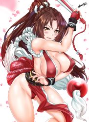 Rule 34 | 1girl, absurdres, bare shoulders, blush, breasts, brown eyes, brown hair, cleavage, collarbone, curvy, fatal fury, floral print, folded fan, folding fan, hair ribbon, hand fan, high ponytail, highres, hip focus, japanese clothes, large breasts, long hair, looking at viewer, nez-box, obi, open mouth, orb, parted bangs, pelvic curtain, petals, ponytail, ribbon, rope, sash, shiranui mai, sideboob, signature, simple background, smile, solo, the king of fighters, thighs, white background, white ribbon, wide hips
