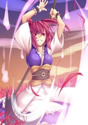 Rule 34 | 1girl, arms up, bad id, bad pixiv id, belt, female focus, flower, ghost, grin, hair bobbles, hair ornament, jpeg artifacts, motion blur, onozuka komachi, petals, pink eyes, pink hair, scottie (phantom2), scythe, slashing, smile, solo, spider lily, touhou, twintails, two side up, wrist cuffs
