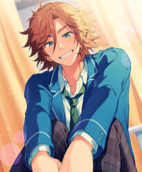 1boy bishounen blue_eyes blue_jacket blush brown_hair collared_shirt curtana ensemble_stars! green_necktie grin hair_between_eyes indoors jacket kiri_futoshi long_sleeves looking_at_viewer male_focus mikejima_madara necktie pants plaid_clothes plaid_pants school_uniform shirt short_hair smile solo sparkle twitter_username white_shirt yumenosaki_school_uniform