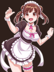 Rule 34 | 1girl, :d, apron, black background, black skirt, breasts, brown eyes, brown hair, cleavage, covered erect nipples, dan (orange train), detached collar, double bun, frilled apron, frilled skirt, frills, hair bun, idolmaster, idolmaster shiny colors, long hair, looking at viewer, maid headdress, medium breasts, miniskirt, open mouth, ribbon, ribbon-trimmed shirt, shiny skin, shirt, short sleeves, simple background, skirt, smile, solo, sonoda chiyoko, standing, thigh strap, twintails, waist apron, white apron, white ribbon, white shirt, wrist cuffs