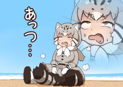 Rule 34 | 1girl, absurdres, animal ear fluff, animal ears, beach, between legs, blue sky, cat ears, cat tail, commentary request, day, fang, fur-trimmed sleeves, fur trim, grey hair, highres, hot, kemono friends, long sleeves, multicolored hair, open mouth, outdoors, pallas&#039;s cat (kemono friends), rolling eyes, short hair, sitting, skirt, sky, solo, striped tail, sweat, tail, tail between legs, totori (ttr oti), translated, wavy mouth, white hair, yellow eyes, zoom layer