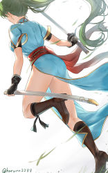 Rule 34 | 1girl, ass, backlighting, black gloves, boots, brown footwear, dutch angle, earrings, fingerless gloves, fire emblem, fire emblem: the blazing blade, from behind, full body, gloves, gold trim, green hair, haru (nakajou-28), highres, holding, holding sword, holding weapon, jewelry, katana, kneepits, long hair, lyn (fire emblem), nintendo, obi, ponytail, sash, short sleeves, side slit, simple background, solo, standing, standing on one leg, sword, thighs, twitter username, weapon, white background