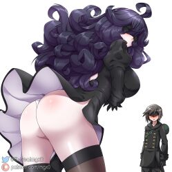 Rule 34 | 1boy, 1girl, 2b (nier:automata), 2b (nier:automata) (cosplay), 9s (nier:automata), 9s (nier:automata) (cosplay), absurdres, alternate breast size, ass, black blindfold, black dress, black gloves, blindfold, blush, bottomless, calem (pokemon), cosplay, creatures (company), crossover, curly hair, dress, feather-trimmed sleeves, game freak, gloves, hex maniac (pokemon), highres, juliet sleeves, leotard, long hair, long sleeves, mgx0, nier:automata, nier (series), nintendo, pokemon, pokemon xy, puffy sleeves, purple hair, simple background, twitter logo, very long hair, wavy hair, white background, white leotard