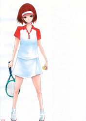 Rule 34 | 1girl, ball, brown hair, flying-u, original, racket, simple background, solo, sportswear, tennis ball, tennis racket, tennis uniform