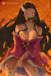 Rule 34 | 1girl, aged up, araneesama, areola slip, asa no ha (pattern), bamboo, black hair, blush, breasts, checkered sash, commentary, covering privates, curled fingers, demon girl, demon horns, english commentary, fang, fiery background, fire, fire, gag, gagged, gagged (willingly), glowing, glowing eyes, gradient hair, haori, highres, horns, japanese clothes, kamado nezuko, kimetsu no yaiba, kimono, large breasts, long hair, looking at viewer, multicolored hair, nail polish, open clothes, open kimono, orange background, pink eyes, pink kimono, pink nails, pink ribbon, ribbon, single horn, solo, star (symbol), watermark, web address, white horns