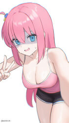 1girl alternate_costume bent_over black_shorts blue_eyes bocchi_the_rock! breasts cleavage cube_hair_ornament dhokidoki gotoh_hitori hair_ornament highres large_breasts long_hair nervous one_side_up pink_hair pink_tank_top selfie short_shorts shorts simple_background solo sweat tank_top thighs twitter_username v white_background