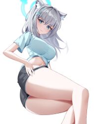 Rule 34 | 1girl, alternate costume, animal ears, ass, black shorts, blue archive, blue eyes, blue shirt, commentary, grey hair, halo, highres, k cyp, medium hair, shiroko (blue archive), shirt, shorts, simple background, solo, thighs, white background, wolf ears