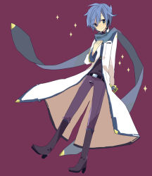 Rule 34 | 1boy, blue eyes, blue hair, boots, coat, headset, kaito (vocaloid), kaito (vocaloid3), looking at viewer, male focus, matching hair/eyes, scarf, smile, solo, sparkle, vocaloid, yoshiki