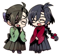 Rule 34 | 2boys, :d, ^ ^, ahoge, antenna hair, back bow, black footwear, black hair, black hakama, boots, bow, braid, chibi, closed eyes, constantine xi (fate), crossdressing, earrings, fate/grand order, fate (series), full body, glasses, gloves, green kimono, hair between eyes, hair bow, hair over one eye, hair pulled back, hakama, hakama skirt, hand to own mouth, highres, japanese clothes, jewelry, kimono, long hair, male focus, multiple boys, open mouth, outline, partially translated, patterned clothing, pink outline, purple bow, red bow, red kimono, simple background, single braid, single glove, skirt, smile, touma rui, translation request, v arms, white background, yamanami keisuke (fate)