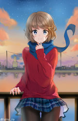 Rule 34 | 1girl, black pantyhose, blue eyes, blue scarf, blue skirt, blush, brown hair, cityscape, cloud, hair ornament, hand up, highres, koga tomoe, long sleeves, nonbire, outdoors, pantyhose, plaid, plaid skirt, power lines, railing, red sweater, reflection, ribbed sweater, scarf, seishun buta yarou, short hair, skirt, smile, solo, standing, sunset, sweater, twilight, twitter username, water, wind