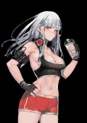 Rule 34 | 1girl, absurdres, arm strap, bad id, bad pixiv id, blunt bangs, blush, bottle, breasts, clothes writing, commentary request, facial mark, girls&#039; frontline, green eyes, grin, hair ornament, highres, hk416 (girls&#039; frontline), holding, holding bottle, ihobus, large breasts, long hair, looking at viewer, midriff, navel, short shorts, shorts, silver hair, smile, solo, sports bra, sportswear, stomach, sweat, teardrop, very long hair