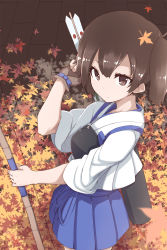 Rule 34 | 10s, 1girl, arrow (projectile), autumn leaves, blue skirt, bow (weapon), brown eyes, brown gloves, brown hair, from above, gloves, hakama, hakama short skirt, hakama skirt, highres, japanese clothes, kaga (kancolle), kantai collection, leaf, looking at viewer, maple leaf, mku, muneate, partially fingerless gloves, partly fingerless gloves, pleated skirt, short hair, side ponytail, single glove, skirt, solo, tasuki, weapon, yugake