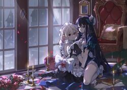 Rule 34 | 2girls, a yue, absurdres, alternate costume, armchair, back bow, bishop (chess), black dress, black footwear, black hair, blonde hair, blue dress, book, bow, breasts, candle, chair, checkered floor, chess piece, cleavage, closed mouth, commentary, cup, dress, earrings, enmaided, falling petals, flower, gloves, goth fashion, green bow, hair bow, hair ribbon, half gloves, heart, heart-shaped pillow, high heels, highres, indoors, inoue takina, jewelry, kneeling, knight (chess), long hair, looking at viewer, looking back, lycoris recoil, maid, maid headdress, medium breasts, mirror, multiple girls, necklace, nishikigi chisato, petals, pillow, puffy short sleeves, puffy sleeves, purple hair, red eyes, red flower, red ribbon, red rose, ribbon, rose, saucer, short hair, short sleeves, sitting, smile, teacup, very long hair, white bow, white gloves, window, yokozuwari, yuri