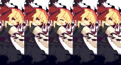 Rule 34 | 1girl, black dress, blonde hair, blush, closed mouth, dress, expressions, closed eyes, fang, hair ornament, open mouth, pixel art, red eyes, rumia, short hair, smile, smoke, solo, tea basira, touhou