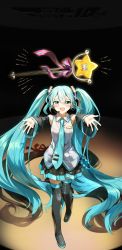 Rule 34 | 1girl, :d, bare shoulders, black footwear, black skirt, black sleeves, blue eyes, blue hair, blue necktie, blush, boots, breasts, collared shirt, commentary request, detached sleeves, dress shirt, hatsune miku, highres, long hair, long sleeves, looking at viewer, necktie, open mouth, outstretched arms, pentagon (railgun ky1206), pleated skirt, shirt, skirt, sleeveless, sleeveless shirt, sleeves past wrists, small breasts, smile, solo, star (symbol), thigh boots, tie clip, twintails, very long hair, vocaloid, wand, white shirt, wide sleeves