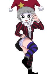Rule 34 | 1girl, ass, asymmetrical legwear, black eyes, bob cut, bright pupils, clown, collar, facepaint, female focus, frilled collar, frills, fxxk law, grey hair, hat, highres, jester cap, lifting own clothes, looking at viewer, makeup, mismatched legwear, original, panties, pleated skirt, polka dot, polka dot legwear, polka dot panties, puffy sleeves, shirt, simple background, skirt, solo, standing, standing on one leg, striped clothes, striped legwear, striped shirt, tongue, tongue out, underwear, waving, white background, white pupils