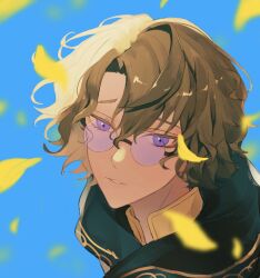 Rule 34 | 1boy, blue background, faust lavinia, flower, glasses, green jacket, highres, hood, hood down, jacket, light brown hair, looking at viewer, mahoutsukai no yakusoku, male focus, parted lips, petals, piza-chan, purple eyes, shirt, solo, teeth, yellow flower, yellow shirt