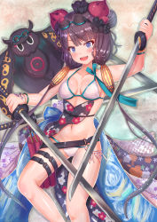 Rule 34 | 1girl, :d, arm up, bare shoulders, belt, bikini, blue eyes, bracelet, breasts, cocoasabure, collarbone, dual wielding, fate/grand order, fate (series), floral print, goggles, goggles on head, hair ornament, halterneck, highres, holding, holding sword, holding weapon, jewelry, katana, katsushika hokusai (fate), katsushika hokusai (swimsuit saber) (fate), leg belt, long hair, looking at viewer, low twintails, lying, medium breasts, navel, octopus, on back, open mouth, purple hair, shadow, smile, swimsuit, sword, tokitarou (fate), twintails, very long hair, weapon, white bikini, wristband