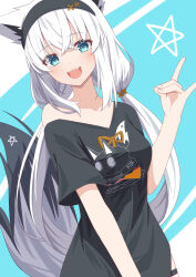 Rule 34 | 1girl, ahoge, animal ear fluff, animal ears, black hairband, black shirt, blush, commentary request, divergenceok, earrings, fox ears, fox girl, fox shadow puppet, fox tail, green eyes, hair between eyes, hairband, highres, hololive, jewelry, long hair, looking at viewer, low twintails, open mouth, pentagram, shirakami fubuki, shirakami fubuki (loungewear), shirt, short sleeves, sidelocks, solo, tail, twintails, virtual youtuber, white hair