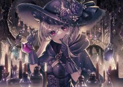 Rule 34 | 1girl, blonde hair, bottle, breasts, brooch, candle, capelet, cleavage, commentary, corset, finger to mouth, flower, gloves, hat, highres, holding, jewelry, lace trim, light particles, looking at viewer, low twintails, medium breasts, open mouth, original, purple gloves, raymond busujima, red eyes, shaded face, solo, sparkle, twintails, upper body, witch, witch hat