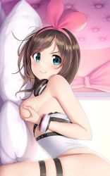 Rule 34 | &gt;:), 1girl, aqua eyes, bad id, bad pixiv id, bare arms, bare shoulders, blush, bottomless, bracelet, breasts, breasts out, brown hair, closed mouth, clothes pull, curtains, from side, grabbing own breast, hair ribbon, hairband, headphones, headphones around neck, indoors, jewelry, kizuna ai, kizuna ai inc., long hair, looking at viewer, looking to the side, medium breasts, multicolored hair, nipples, on bed, pillow, pink hair, pink hairband, pink ribbon, ribbon, shadowgrave, skindentation, smug, solo, thigh strap, top-down bottom-up, two-tone hair, virtual youtuber