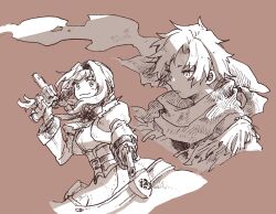 Rule 34 | 1boy, 1girl, ahoge, belt, braid, closed mouth, coat, commentary, dress, fringe trim, greyscale, gun, hairband, jet enduro, long hair, michibata 65, monochrome, scarf, simple background, smile, virginia maxwell, weapon, wild arms, wild arms 3