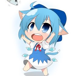 Rule 34 | 1girl, ahoge, animal ears, blush, cat ears, cat tail, chibi, cirno, fish, hands up, ice, ice wings, kemonomimi mode, open mouth, solo, tail, touhou, twumi, wings