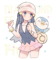 Rule 34 | bare legs, bare shoulders, blush, breasts, creatures (company), dawn (pokemon), game freak, gen 4 pokemon, highres, long hair, looking at another, nig 18, nintendo, piplup, pokemon, pokemon (creature), pokemon dppt, simple background, skirt, smile