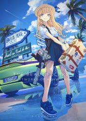 Rule 34 | 1girl, assault rifle, aston martin, aston martin vantage, bangle, belt, blue footwear, blue shirt, blue skirt, blue sky, bracelet, breasts, car, cloud, contrail, day, ear piercing, earrings, footwear bow, full body, gun, gun sling, hat, high-waist skirt, highres, holding case, jewelry, koh (minagi kou), long hair, looking at viewer, magazine (weapon), mole, mole under eye, motor vehicle, multiple earrings, multiple rings, necklace, original, outdoors, palm tree, parted lips, piercing, puffy sleeves, reflection, rifle, ring, shirt, shoes, sidelocks, skirt, sky, small breasts, smile, sneakers, solo, standing, tree, watch, weapon, wristwatch