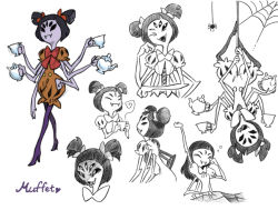 Rule 34 | 1girl, bow, character sheet, dress, extra arms, extra eyes, fangs, female focus, hair down, high heels, arthropod girl, muffet, partially colored, ribbon, silk, solo, spider girl, spider web, tea, teapot, twintails, undertale, white background