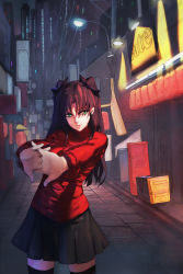 Rule 34 | 1girl, alley, black hair, black ribbon, black skirt, black thighhighs, city, cowboy shot, cracking knuckles, enk (t4m0), fate/stay night, fate (series), green eyes, hair ribbon, highres, lamppost, long hair, outstretched arms, pleated skirt, red shirt, ribbon, shirt, skirt, solo, thighhighs, thighs, tohsaka rin, two side up, zettai ryouiki