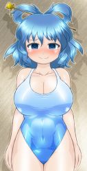Rule 34 | 1girl, arms at sides, blue hair, blush, breasts, cleavage, cowboy shot, embarrassed, hair ornament, hair stick, impossible clothes, impossible swimsuit, kaku seiga, large breasts, looking at viewer, navel, nose blush, one-piece swimsuit, shadow, shiny clothes, shiny skin, short hair, smile, solo, swimsuit, taut clothes, taut swimsuit, tearing up, thighs, touhou, wavy mouth, winn
