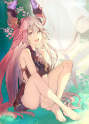Rule 34 | 1girl, aile/koushi, between legs, breasts, draph, feet, granblue fantasy, grey hair, hair between eyes, hand between legs, horns, large breasts, legs, long hair, looking at viewer, looking to the side, open mouth, panties, red eyes, red skirt, skirt, sleeveless, smile, solo, sunlight, thighs, threo (granblue fantasy), underwear, very long hair, white panties