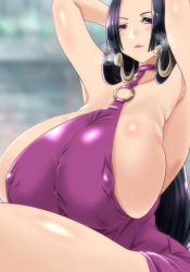 Rule 34 | armpits, black hair, blush, boa hancock, breasts, breasts out, choker, dominance, dress, earrings, highres, jewelry, moriton, one piece, purple dress, purple eyes, thick eyebrows, thick lips, thick thighs, thighs