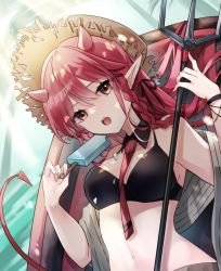 Rule 34 | 1girl, arknights, bikini, bikini top only, black bikini, black collar, black ribbon, black wristband, braid, breasts, brown hat, collar, demon girl, demon horns, demon tail, detached sleeves, fang, food, grey shawl, hair ribbon, hand up, hat, highres, holding, holding food, holding polearm, holding weapon, horns, looking at viewer, medium breasts, navel, necktie, official alternate costume, open mouth, pointy ears, polearm, popsicle, red eyes, red hair, red necktie, ribbon, saiko (saisaka), shawl, solo, stomach, straw hat, swimsuit, tail, trident, upper body, vigna (arknights), vigna (casual vacation) (arknights), weapon