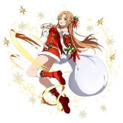 Rule 34 | 1girl, :d, asuna (sao), boots, box, brown eyes, brown hair, choker, dress, elbow gloves, floating hair, full body, gift, gift bag, gift box, gloves, hair ribbon, highres, long hair, looking at viewer, open mouth, red dress, red footwear, red gloves, ribbon, santa boots, santa costume, santa gloves, short dress, sleevless dress, smile, solo, strapless, strapless dress, striped ribbon, sword art online, sword art online: memory defrag, transparent background, tube dress, very long hair