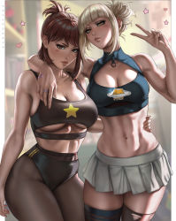 Rule 34 | 2girls, aged up, alternate breast size, arm around shoulder, artist name, bare shoulders, blonde hair, blurry, blurry background, blush stickers, boku no hero academia, breasts, brown eyes, brown hair, cleavage, cleavage cutout, clothing cutout, commentary, cowboy shot, dandon fuga, english commentary, female focus, foreshortening, half-closed eyes, hand on another&#039;s waist, heart, high-waist pantyhose, indoors, large breasts, looking at viewer, matching hair/eyes, messy hair, midriff, miniskirt, multiple girls, navel, pantyhose, parted lips, pleated skirt, sanrio, skirt, slit pupils, stomach, thighhighs, thighs, toga himiko, toned, torn clothes, torn legwear, underboob, underboob cutout, uraraka ochako, v