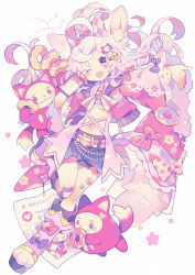 Rule 34 | 1girl, ;d, ahoge, animal ear fluff, animal ears, belt, boots, bow, breasts, brooch, cat day, cat ears, cellphone, commentary request, creature, doughnut, fang, fingernails, food, full body, hair ornament, hairclip, highres, holding, holding food, holding phone, jacket, jewelry, long hair, long sleeves, looking at viewer, miniskirt, nail polish, navel, one eye closed, open mouth, original, paw shoes, paw print, phone, pink jacket, pink nails, pink theme, purple eyes, purple nails, signature, simple background, skin fang, skirt, smartphone, smile, solo, tail, underboob, white background, wide sleeves, yumenouchi chiharu