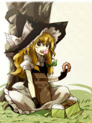 Rule 34 | 1girl, apron, blonde hair, blush stickers, bow, box, braid, buttons, doughnut, eating, eyelashes, female focus, food, grass, hair bow, hat, hat bow, icing, kirisame marisa, long hair, looking at viewer, sanagi (diohazard), short sleeves, single braid, sitting, skirt, solo, sweatdrop, touhou, tree, vest, white background, witch, witch hat, yellow eyes