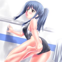 Rule 34 | 1girl, ass, blue hair, brown eyes, competition swimsuit, looking back, one-piece swimsuit, original, plantar flexion, ponytail, solo, stretching, swimsuit, tennouji mamichi, tennouji masamichi, wet