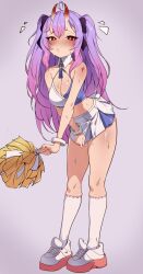 Rule 34 | 1girl, 2024, blush, breasts, cheerleader, ecchigf, horns, kamihoshi project, large breasts, monster club vt, oni, pink hair, purple hair, solo, sweat, syd (ecchigf), twintails, virtual youtuber