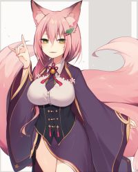 Rule 34 | 1girl, \m/, animal ear fluff, animal ears, bracelet, breasts, corset, facial mark, fang, fox ears, fox shadow puppet, fox tail, framed breasts, green eyes, hair ornament, jewelry, large breasts, long hair, looking at viewer, muryotaro, necktie, original, pink hair, slit pupils, smile, smirk, solo, tail, thighs, whisker markings, wide sleeves
