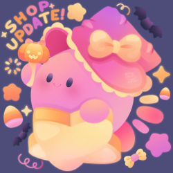 Rule 34 | bat (animal), blue background, blush, candy, english text, food, halloween, hat, kirby, kirby (series), nintendo, puffychii, simple background, smile, star (sky), wand, witch hat