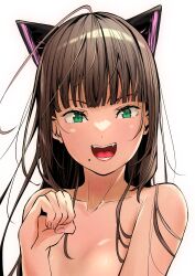Rule 34 | 1girl, absurdres, animal ears, bare shoulders, blunt bangs, breasts, brown hair, cat ears, clenched hand, collarbone, commentary, fangs, green eyes, highres, hime cut, kurosawa dia, long hair, looking at viewer, love live!, love live! sunshine!!, mole, mole under mouth, nude, open mouth, paw pose, small breasts, solo, tommer, upper body, white background