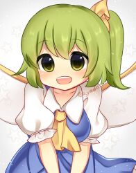 Rule 34 | 1girl, blue dress, breasts, collarbone, collared shirt, daiyousei, dress, fairy wings, frilled sleeves, frills, green eyes, green hair, happy, leaning forward, looking at viewer, medium breasts, medium hair, one side up, open mouth, puffy short sleeves, puffy sleeves, shirt, short sleeves, simple background, solo, star (symbol), touhou, upper body, white background, white shirt, wings, yadoyuki, yellow eyes