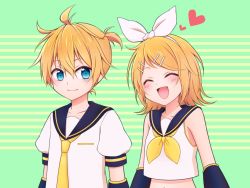 Rule 34 | 1boy, 1girl, bad id, bad twitter id, black sleeves, blue eyes, bow, brother and sister, closed eyes, collarbone, crop top, detached sleeves, green background, hair between eyes, hair bow, hair ornament, hairband, hairclip, heart, kagamine len, kagamine rin, kouzuki (reshika213), midriff, navel, neckerchief, necktie, open mouth, parted bangs, sailor collar, shirt, short sleeves, siblings, sleeveless, sleeveless shirt, smile, standing, stomach, striped, striped background, upper body, vocaloid, white bow, white hairband, white shirt, yellow neckerchief